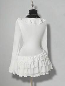 SHEIN ICON Women's Cute Sweet Girl Millennial Style Y2K Pure Desire Style Princess Banquet Dance Dress Mesh Multi-Layer Ruffle V-Neck Trumpet Sleeve Elegant White Mini Dress - White - View 8