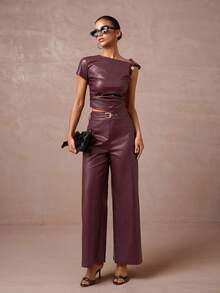 Lumalex Fall/Winter Collection Women's High Waist Straight Leg Pants With Faux Leather Belt Included Elegant Suit Pants Everyday Glamorous, Party, Going Out, Dates Essential, Birthday Gift, Teacher's, Business Casual, Luxury , Elegant For Women, New Year's Eve ID Al-Adha Al-Adha Party - Burgundy - View 4