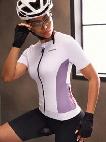 Powerista 女式休闲拼色拉链骑行服上衣，夏季 - 紫色 - 查看 1