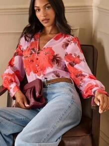 Lilora 女士花卉印花V领泡泡袖时尚通勤衬衫 - 彩色 - 查看 7