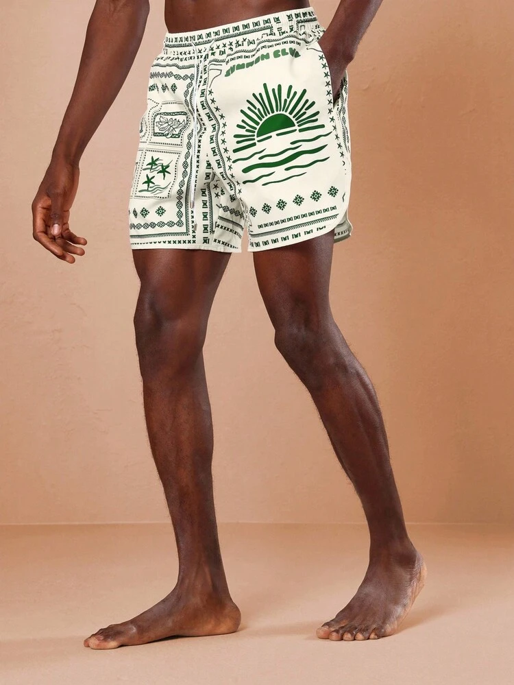 Printed Beach Shorts With Sun Wave Design
