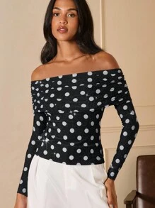 Lilora Áo thun nữ thanh lịch họa tiết chấm bi lấp lánh trễ vai, áo kiểu chấm bi, áo trễ vai tay dài. - màu đen - Xem 5