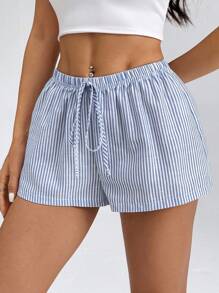 SHEIN PETITE Women's Casual Blue Striped Mini Shorts With Drawstring