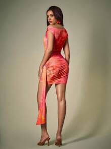 Glamance Umamao Estudio 性感褶皱修身不对称领口迷你连衣裙（女款）日落连衣裙橙色和粉色连衣裙夏季连衣裙扎染连衣裙褶皱连衣裙 Y2K 2000 年代返校俱乐部服装女士性感约会夜服装女士 - 彩色 - 查看 2