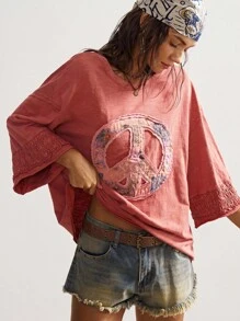 Bohemela 波西米亚风女式休闲复古纯色和平标志贴花休闲针织圆领 3/4 袖宽松水洗 T 恤，西部复古乡村风格度假，适合夏季/秋季/冬季 - 紅色 - 查看 1