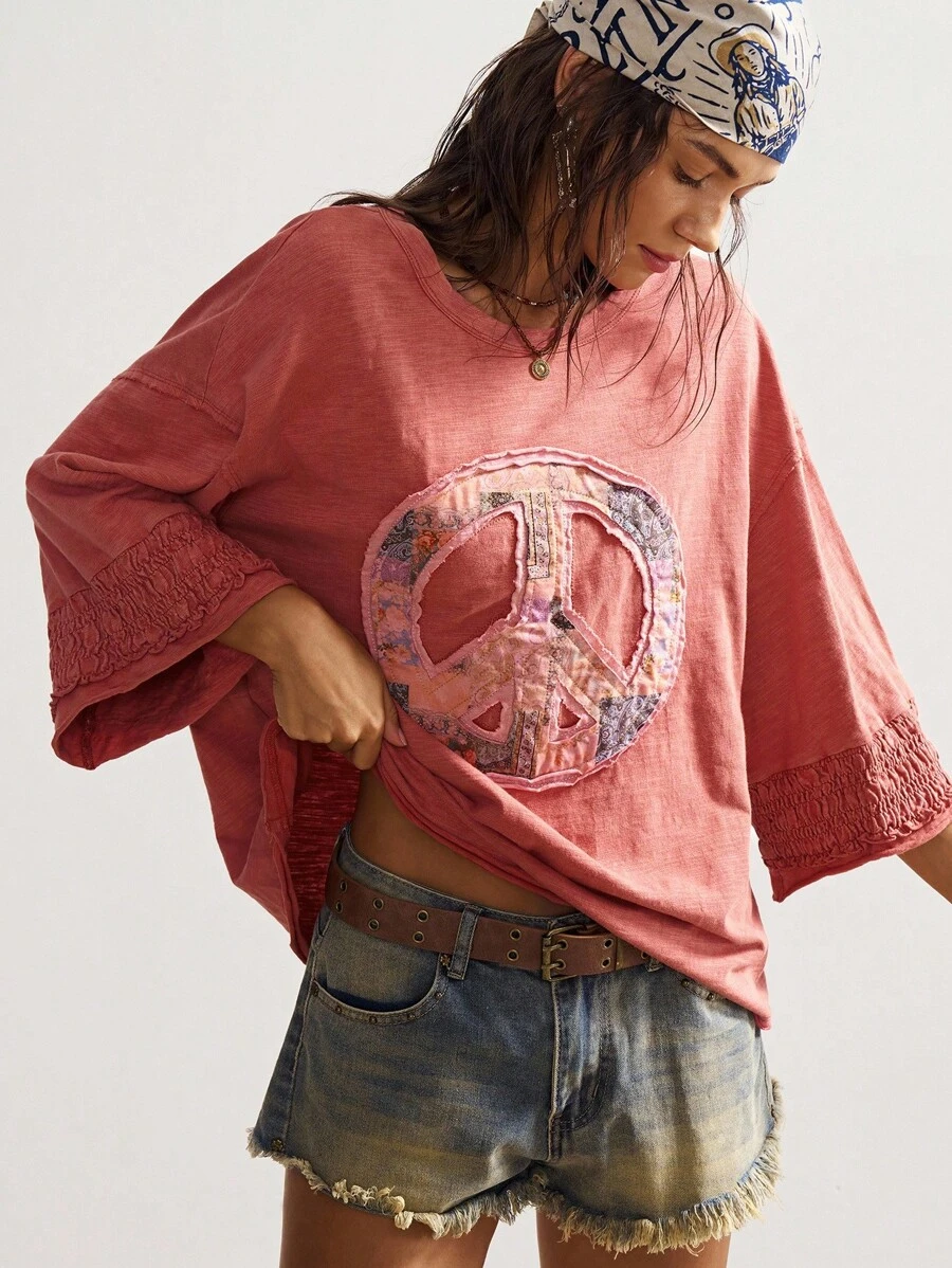 Bohemela 波西米亚风女式休闲复古纯色和平标志贴花休闲针织圆领 3/4 袖宽松水洗 T 恤，西部复古乡村风格度假，适合夏季/秋季/冬季 - 紅色 - 查看 1