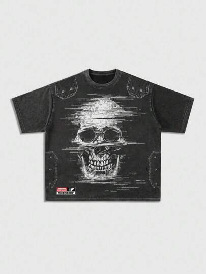 Goth Men's Casual Washed Skull Print Short Sleeve T-Shirt