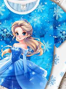 SHEIN ModeFlare Wear Young Girls' Casual Princess Print Cartoon Short Sleeve T-Shirt And Bell-Bottoms Two Pieces Set Suitable For Summer, For Christmas