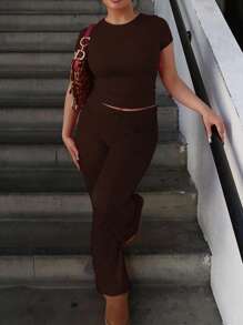 INAWLY Solva Bộ 2 áo thun tay ngắn màu trơn cho nữ và quần cạp rút, thường ngày - Cà phê nâu - Xem 2