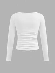 2pcs/Set Vintage Square Collar Solid Color Fitted Long Sleeve T-Shirt With Bow Decor, Versatile Autumn/Winter Fall Girls Tight Tops - Multicolor - View 6