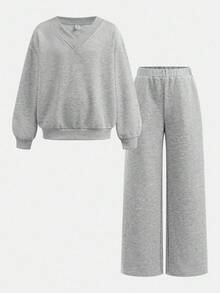 SHEIN 青少年女孩 V 领宽松运动衫和慢跑裤两件套，休闲日常百搭时尚服装 - 灰色 - 查看 3