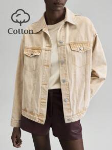 Ontre Women's Brown Denim Jacket, Retro Old Money Style, Long-Sleeved Top, Autumn Casual Wear  Going Out Top - Beige - View 3