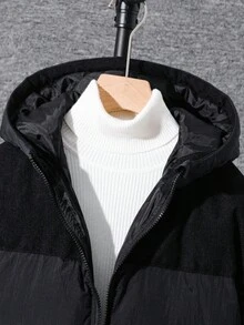 SHEIN 1 件青少年男孩休闲运动学院舒适厚中长款夹棉大衣，黑色灯芯绒缝线，冬季大衣，绗缝大衣适合返校，适合生日派对、晚会、表演、婚礼、洗礼、开幕式，适合日常使用，适合上学，适合旅行，适合运动，适合秋冬季节 - 黑色 - 查看 5