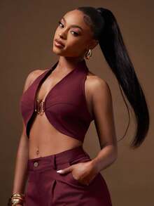 Denimoi Open Front Cropped Halter Top With Gold Hardware Detail, Date Night GNO Dinner - Burgundy - View 5