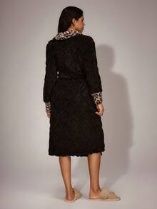 Lazeform Women's Long Plush Jacquard Patchwork Leopard Print Lapel Robe, Winter Leopard Print Robe Women Robe Robes For Women Fluffy Cheetah Robe Black Robe With Leopard Print - Black - View 2