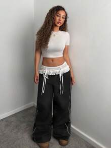 StreetHx Pantalones casuales de mujer con ribete de encaje y contraste de color, otoño/invierno