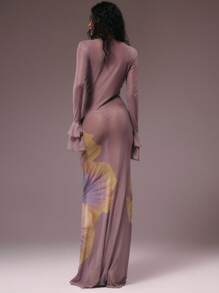 MUSERA 透视超低 V 领荷叶边花卉印花网眼长袖超长连衣裙围脖前部花卉印花不对称下摆连衣裙秋冬秋夏季假期夜间外出约会之夜婚礼宾客生日俱乐部性感早午餐外出游轮派对优雅伊比沙岛场合少女可爱