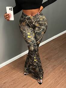 SHEIN CURVE+ Plus Size Minimalist English Print High Waist Waist Cross Design Micro Flared Long Tight Fitting Women's Leggings Suitable For Parties Suitable For Spring And Autumn Seasons - Multicolor - View 5