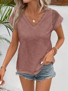 SHEIN Frenchy 女士V领短袖蕾丝边休闲宽松夏季短袖T恤