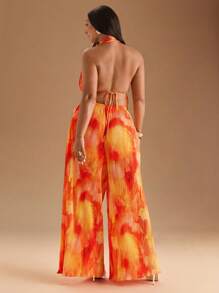 SHEIN BAE Plus Size Women's Textured Fabric Pleated Halter Top & Loose Wide Leg Pants Set/Spring/Fall Tie-Dye Pleated Camisole Top & Long Pleated Wide Leg Pants 2 Piece Set/Women Two Pieces Outfits For Daily Wear/Fall Clothes Plus Size/Halloween/Homecoming/Christmas/Going Out /Birthday Dresses For Women/Western Wear Women/Dresses For Women Party,Fall Clothes For Women - Orange - View 7