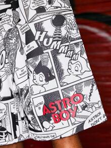 Astro Boy X ROMWE Men's Popart Print Drawstring Waist Wide Leg Casual Shorts - Black and White - View 5