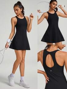 GLOWMODE FeatherFit™-Air Peekaboo Cut-Out Pocket Váy thể thao đa chức năng có quần đùi tích hợp Hỗ trợ ánh sáng Yoga tác động thấp Hàng ngày vào mùa hè - màu đen - Xem 8