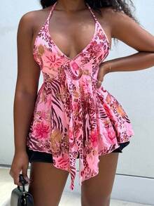 Alexandranx 女式复古花卉印花露背吊带背心，波西米亚风 Y2K V 领沙滩装衬衫，适合度假和休闲装，春夏季 - 粉色 - 查看 3