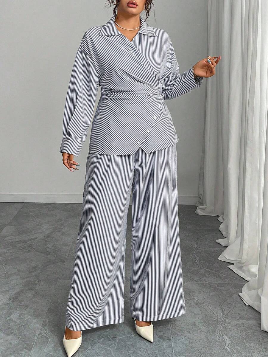 Modelyn Plus Size Woven Striped Long Sleeve Tie-Front 2 Pieces Set Fall Cloth For Women - Navy Blue - View 1