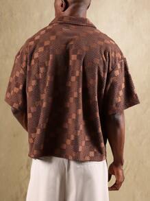SUMWON Textured Terry Cloth Resort Polo Shirt Retro Checkerboard Pattern Classic Summer Golf Wear Casual Beach Pool Vacation Holiday Leisure Wear - Brown - View 2