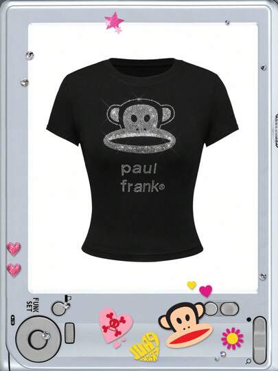 Paul Frank X ROMWE Damen Kpop Y2K Baddie Subkultur Lässig Strass verziertes schmal geschnittenes T-Shirt