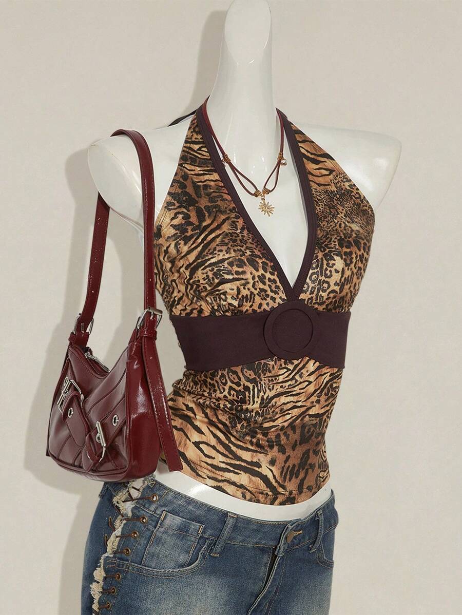 SHEIN ICON Áo hở lưng cổ chữ V sâu màu vàng nâu bó sát, phong cách hiện đại Y2K, phong cách cổ điển gợi cảm, thời trang xuân hè cho nữ, họa tiết da báo cá nhân hóa, họa tiết hổ, màu tương phản, thời trang thiên niên kỷ - màu nâu - Xem 1