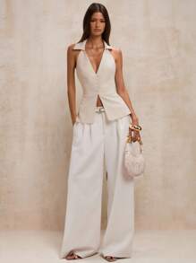 SHEIN BAE 秋季女士极简通勤交叉露背西装外套，通勤装，教师装，白色，露背马甲，性感出镜 - 米色 - 查看 4