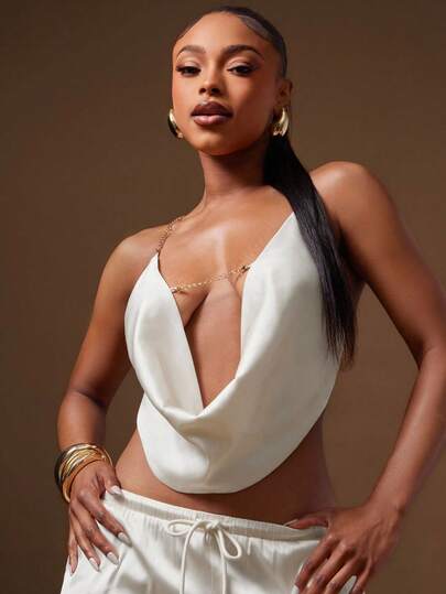 Denimoi Satin Backless Gold Chain Strap Cowl Neck Halter Top GNO Date Night Dinner