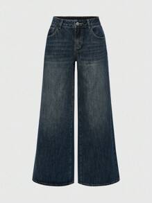 ROMWE J-Fashion 男女皆宜的复古嘻哈亚文化鲤鱼花卉刺绣宽松阔腿低腰牛仔裤