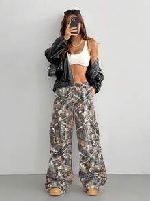 Coolane Quần ống loe ngụy trang cơ bản Y2K mùa xuân/hè dành cho nữ - xanh quân đội - Xem 6