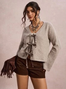 Freevana Cárdigan con estampado de leopardo y nudo delantero, para uso casual en resorts, talla grande - Albaricoque - Ver 5