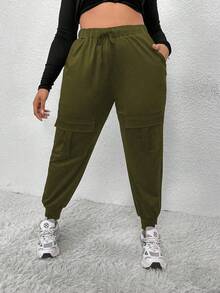 EMERY ROSE Plus Size Solid High Waisted Drawstring Hem Cargo Pants - Green - View 5