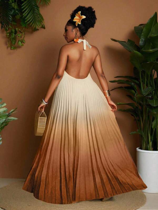 Maweii Vestido de moda versátil con cuello halter, plisado y estampado degradado para mujer de talla grande, nuevo para primavera/verano