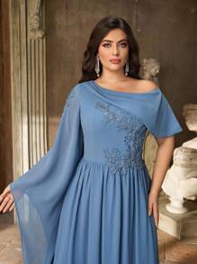 Aureia Váy phù dâu chữ A tay dài cổ lệch màu xanh lam lãng mạn thanh lịch cỡ lớn - Màu xanh bụi bặm - Xem 2