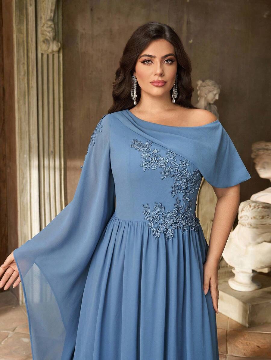 Aureia Váy phù dâu chữ A tay dài cổ lệch màu xanh lam lãng mạn thanh lịch cỡ lớn