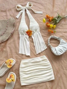 SHEIN x Eduarda Gutierrez Soleia 女士复古扎染花卉印花针织网眼露背系带上衣和褶饰迷你裙套装，适合派对、约会、下午茶、海滩、狂欢节、夏季 - 白色 - 查看 3