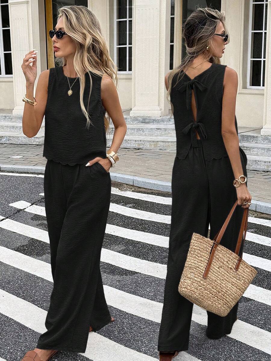 Serisse Women's Plain And Simple Everyday Sleeveless Top And Long Pants Set Black Summer Casual - Black - View 1