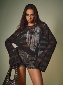 Shutterstock Y2Kool Suéter suelto con estampado de retrato sexy, calado, para mujer. Parte superior de punto para otoño/invierno, casual, vacaciones, fiesta, estilo Y2K. Blusa de manga larga transparente, top de malla, top de punto, cubierta básica, top gráfico de invierno - Negro - Ver 3