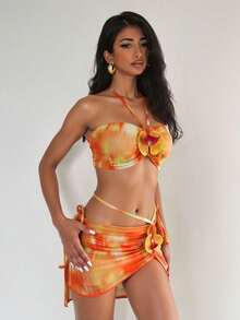 EgrlEra 3 pièces Ensemble de maillot de bain pour femme, imprimé floral avec volants, jupe en maille à fleurs exagérées - Multicolore - Voir 3