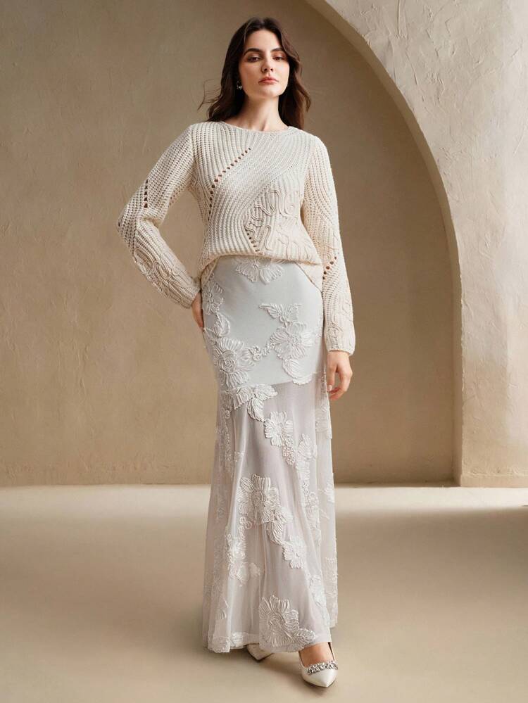 Women's Casual Versatile Solid Color Embroidered Sweater, Autumn/Winter