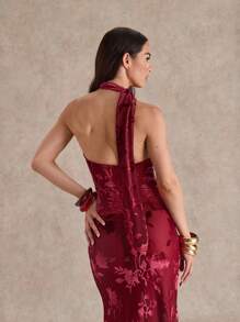 Glamine Women's Velvet Burnout Halter Neck Ruffle Trim Cinched Waist Camisole Top, Elegant Burgundy Color, Suitable For Outings, Dates, And Parties - Burgundy - View 2