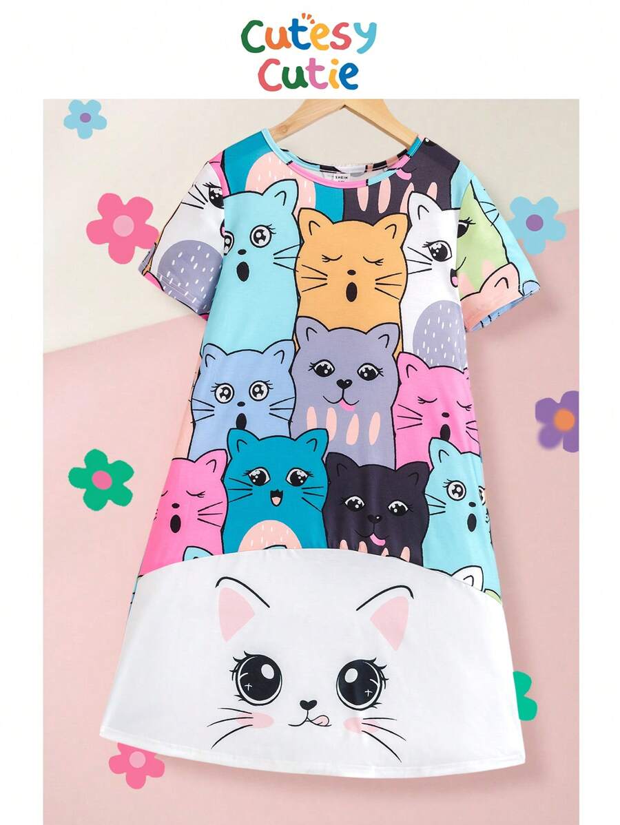SHEIN Tween Girl Loose Casual Cat Pattern Splice Round Neck Pullover Dress - White - View 1