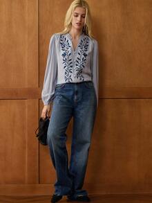 Écloséra 优雅 V 领荷叶边刺绣修身法式复古风格女式长袖衬衫，夏季