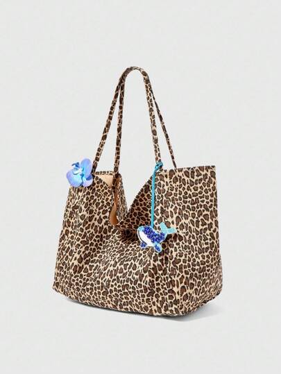 Fairycore Fashionable Summer Leopard Print Shoulder Bag, Large Capacity Beach Tote Bag For Women