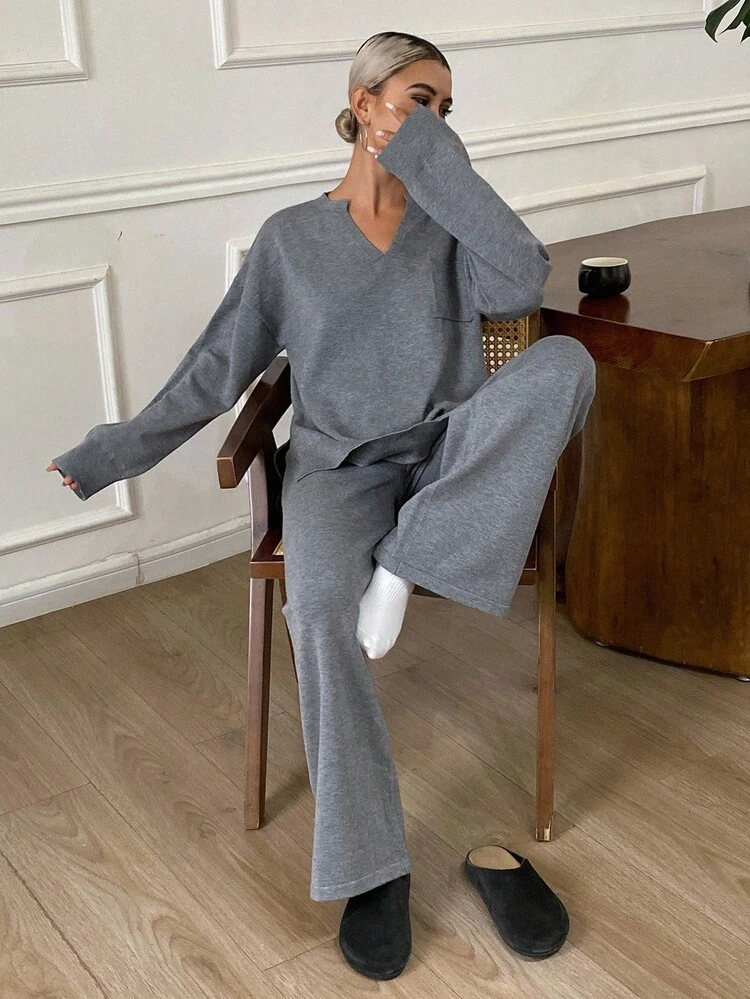 Women's Loose Solid Color Long Sleeve Sweater And Wide Leg Pants Casual Thick 2 Pieces Set, Autumn/Winter